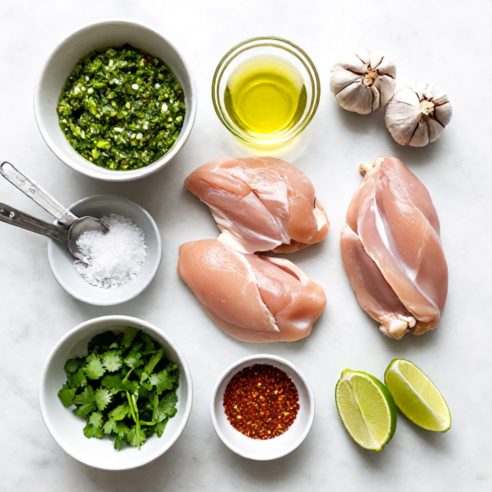 Raw ingredients for Easy Salsa Verde Chicken: chicken breasts, salsa verde, olive oil, garlic, etc.