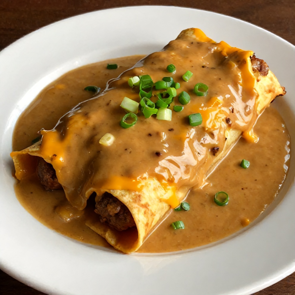 Plated Sausage Gravy Enchiladas with green onions