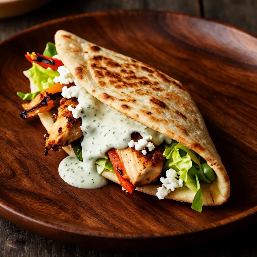 Finished Sheet Pan Chicken Pitas with Herby Ranch Sauce