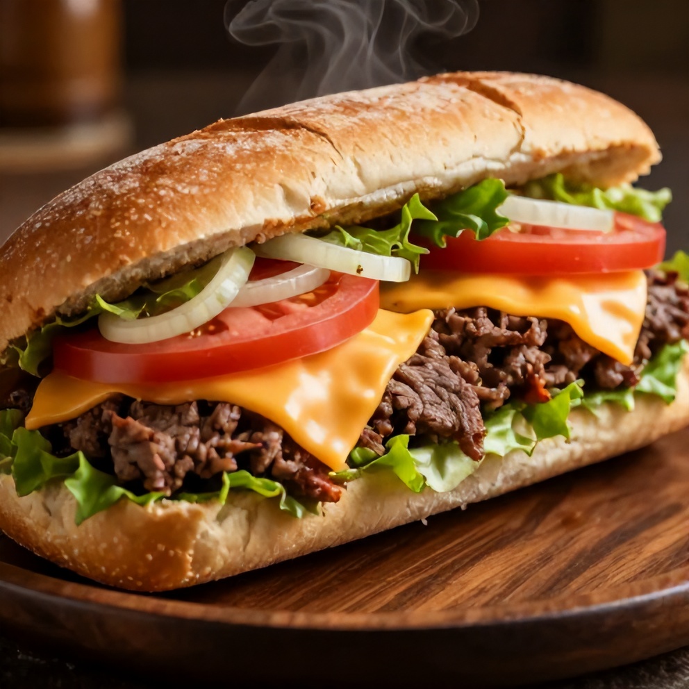 Close-up of a beef and cheddar sandwich on a plate