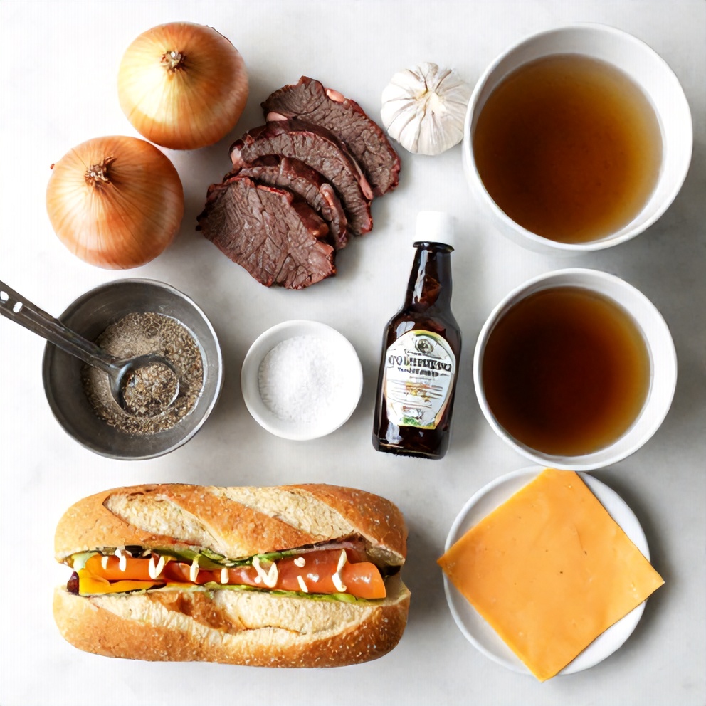 Raw ingredients for Easy Slow Cooker Beef and Cheddar Sandwiches on a marble surface