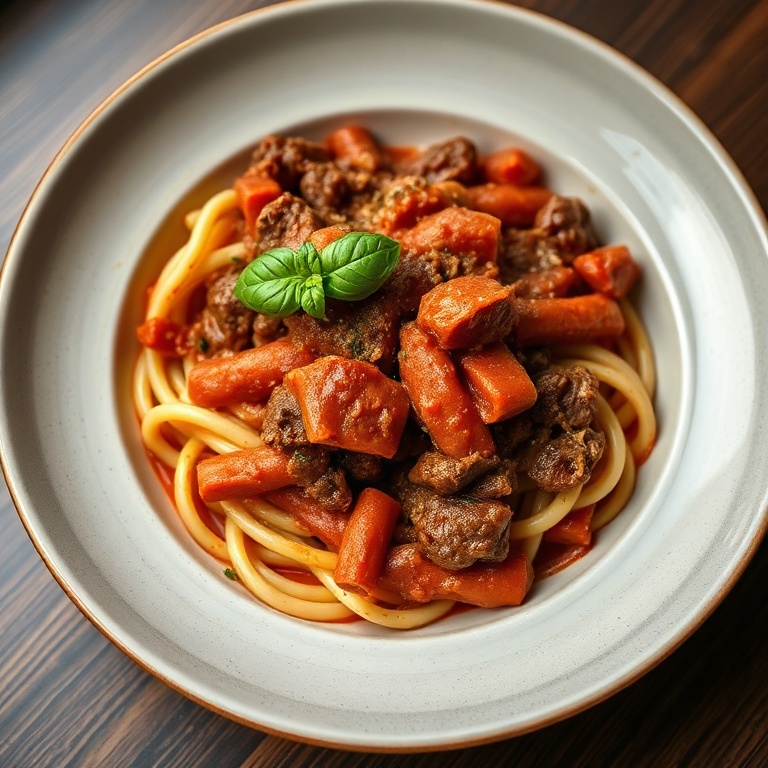 A perfectly plated beef ragu with a sprinkle of fresh basil. Served in a ceramic bowl. Warm side lighting showing texture. Photorealistic food photography, no text or watermark.