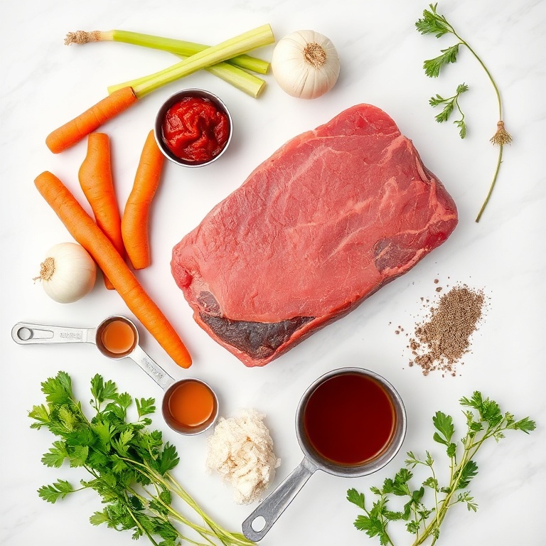 Overhead flat lay of beef chuck, onion, garlic, carrots, celery, tomato paste, beef broth, and herbs. Measuring spoons and cups visible. White marble surface. Bright even light. Photorealistic food photography, no text or watermark.