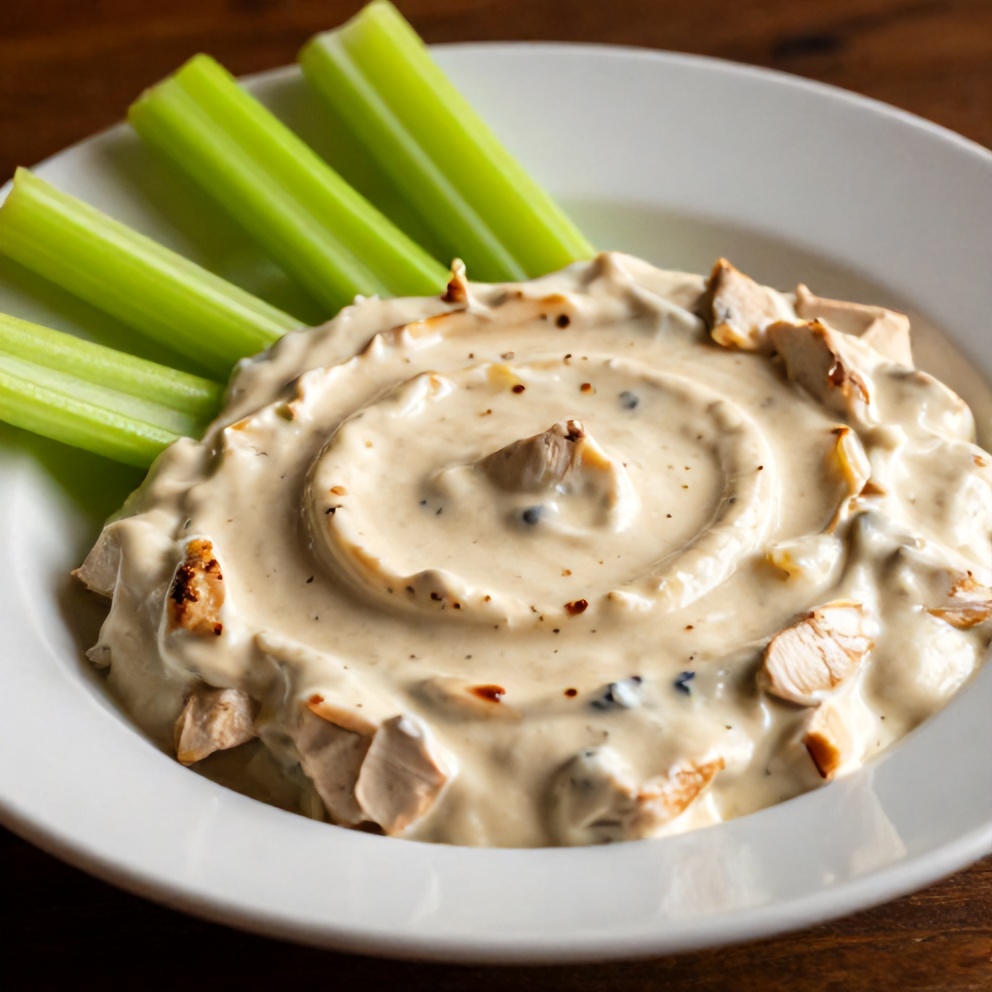 Plated Buffalo Chicken Dip with Celery Sticks