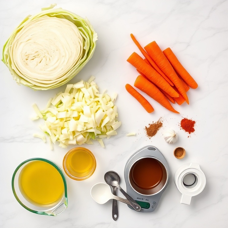 Raw cabbage, onions, carrots on prep board