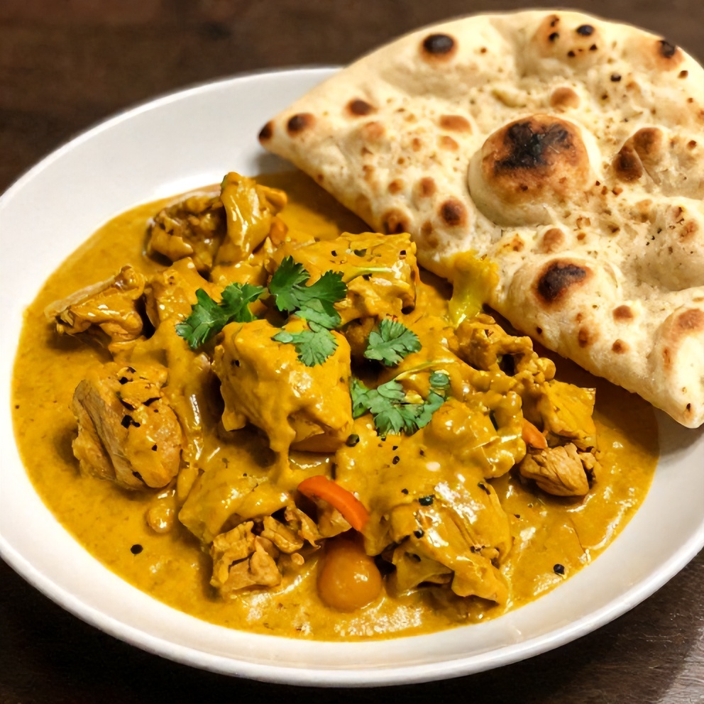 Plated serving of slow cooker chicken curry with naan bread and garnished with fresh cilantro