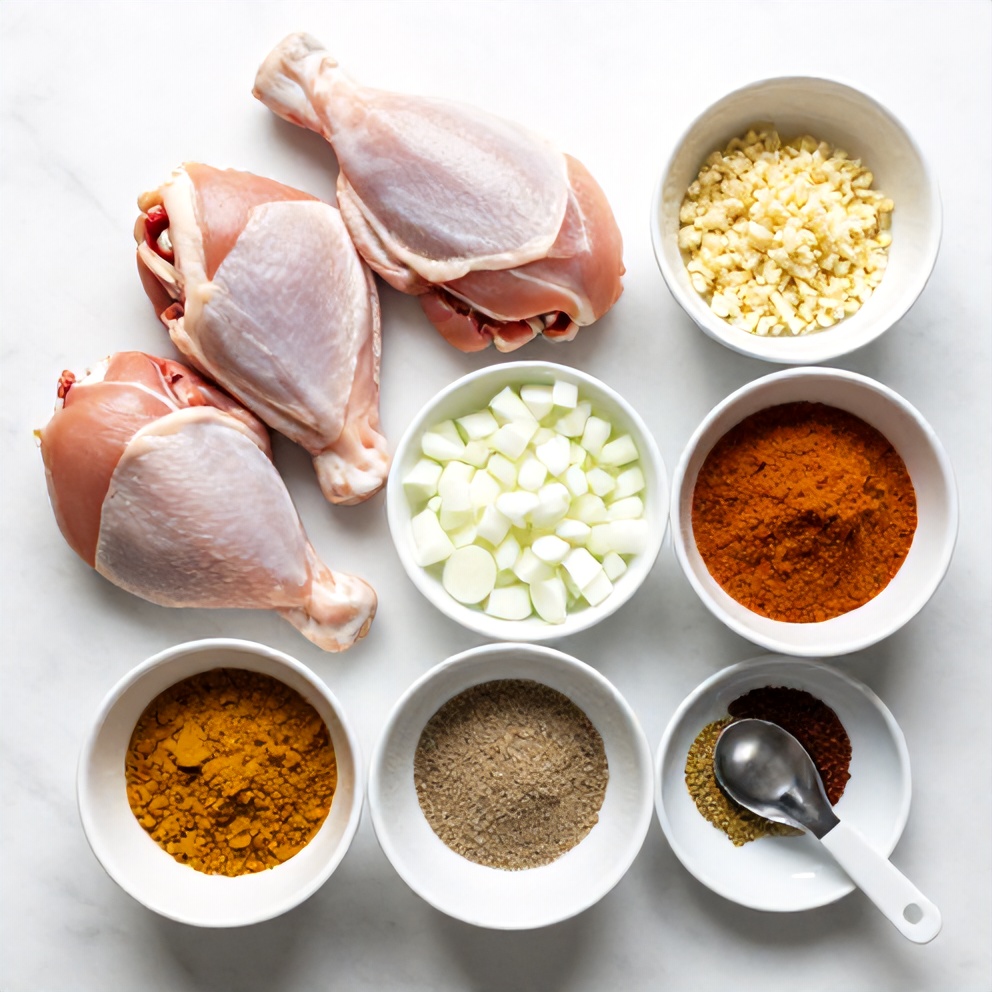 Raw ingredients for slow cooker chicken curry including chicken, onions, garlic, and curry powder