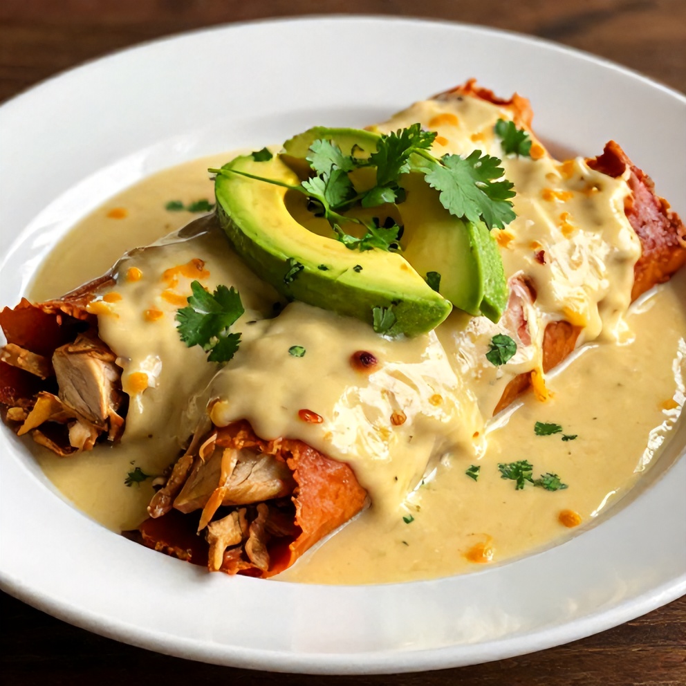 Plated Slow Cooker Chicken Enchiladas with avocado and sour cream