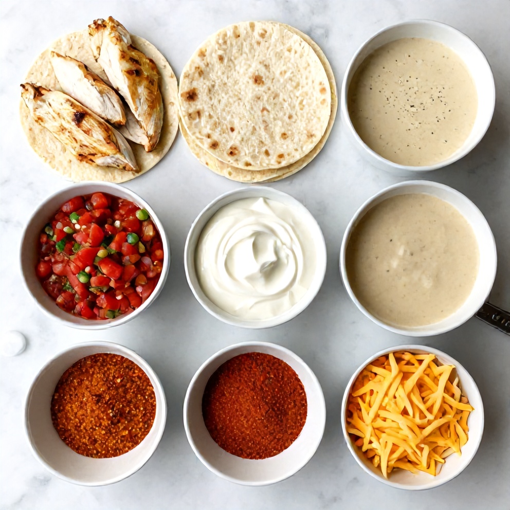 Raw ingredients for Slow Cooker Chicken Enchiladas on a marble surface