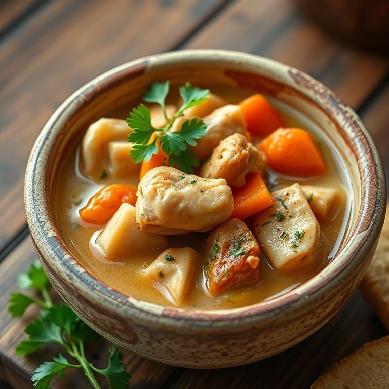 A single serving of chicken stew in a rustic bowl. Topped with fresh parsley. Warm side lighting highlights the creamy texture and vibrant veggies.