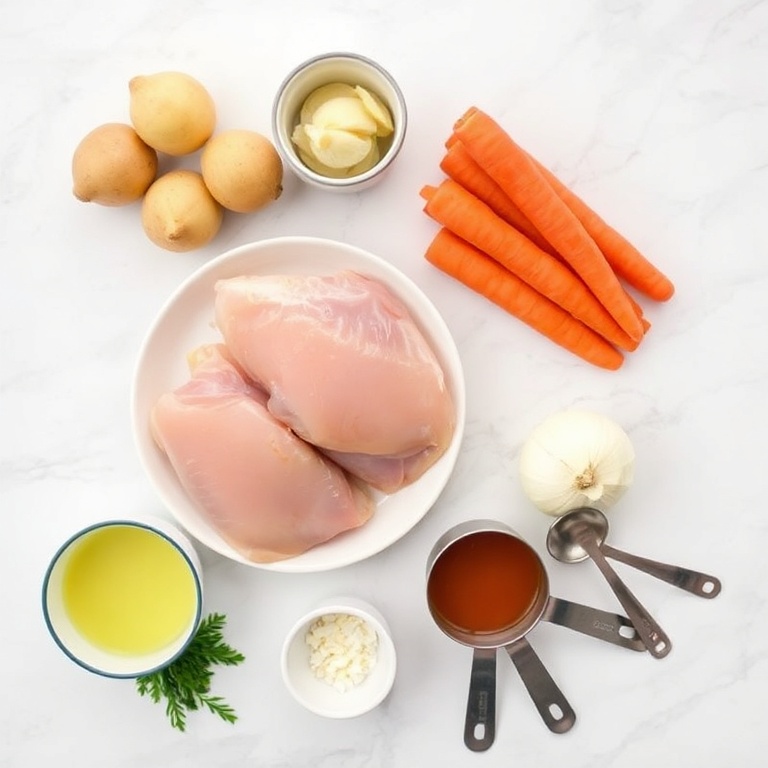 Raw ingredients for chicken stew: chicken thighs, potatoes, carrots, onion, garlic, and broth. Measuring cups, bowls, and spoons on a white marble surface.