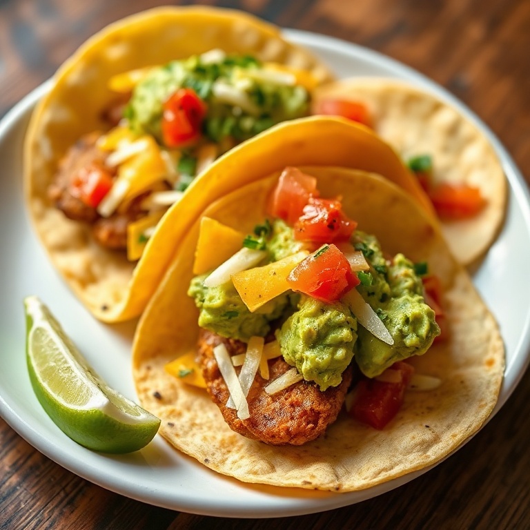 Perfect plated tacos with guacamole, cheese, and salsa. Bright lighting shows texture and color.