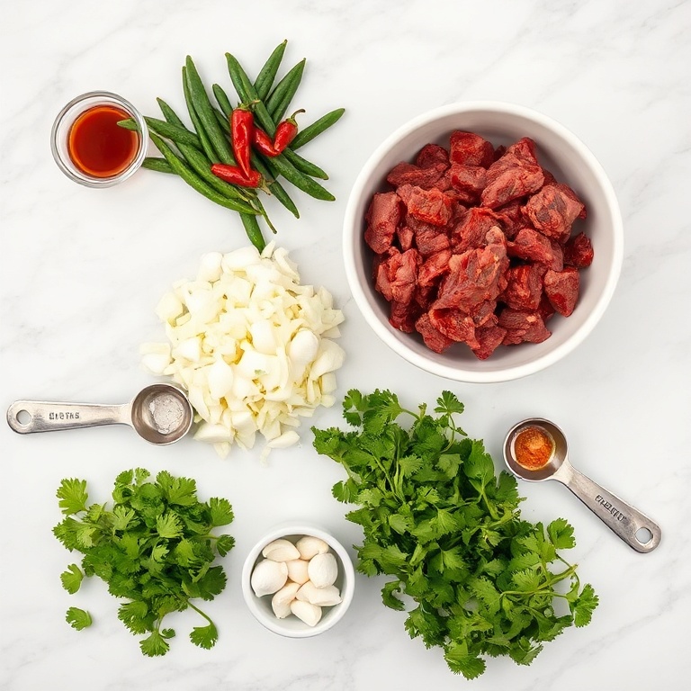 Beef, chipotle peppers, onion, garlic, tomato, cilantro. Measuring spoons and bowls on a white marble surface.