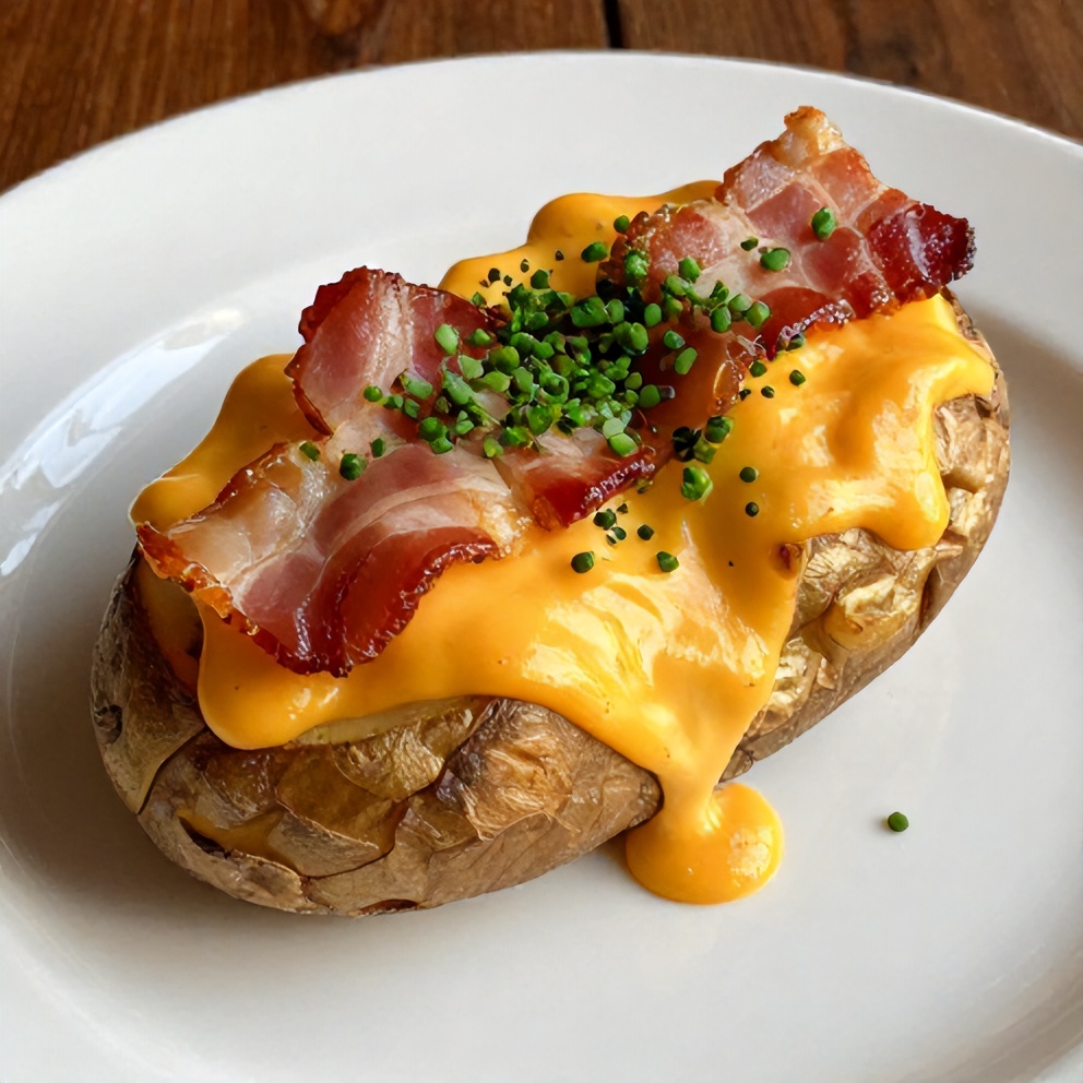 Loaded baked potatoes with cheese, bacon, and chives