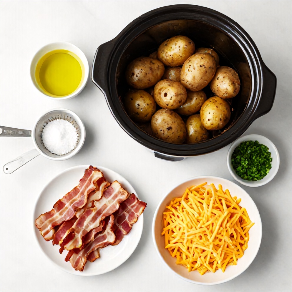 Raw ingredients for loaded baked potatoes in slow cooker