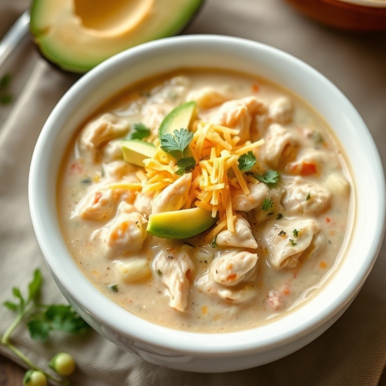 A perfectly plated bowl of white chicken chili with a sprinkle of cheese and avocado