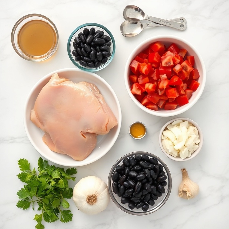 Raw ingredients for white chicken chili including chicken breast, beans, tomatoes, onion, and garlic