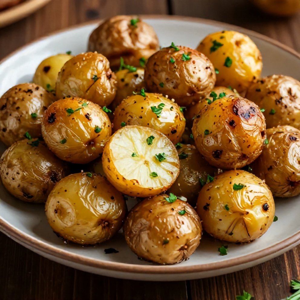 Plated smoked baby potatoes with beer mustard and BBQ rub