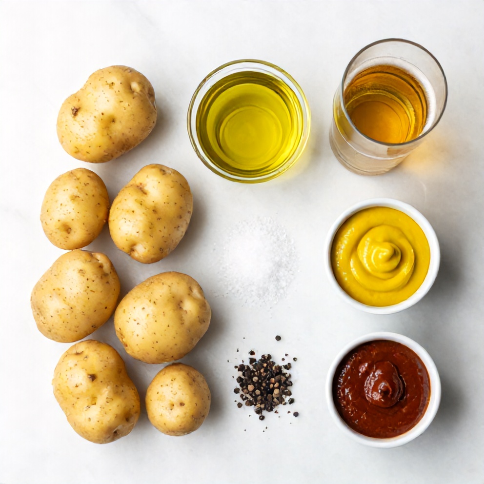 Baby potatoes, beer, mustard, BBQ rub, and olive oil on a marble surface