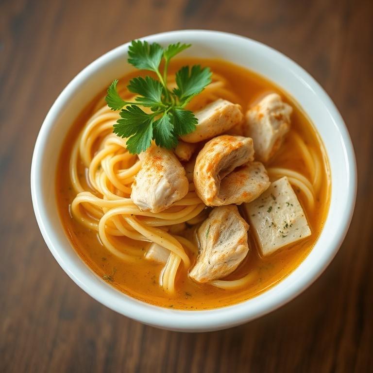 A single serving of Sopa De Fideo Chicken Soup. Crispy noodles, tender chicken, and fresh cilantro on top. Served in a white ceramic bowl. Warm side lighting shows texture. Photorealistic food photography.