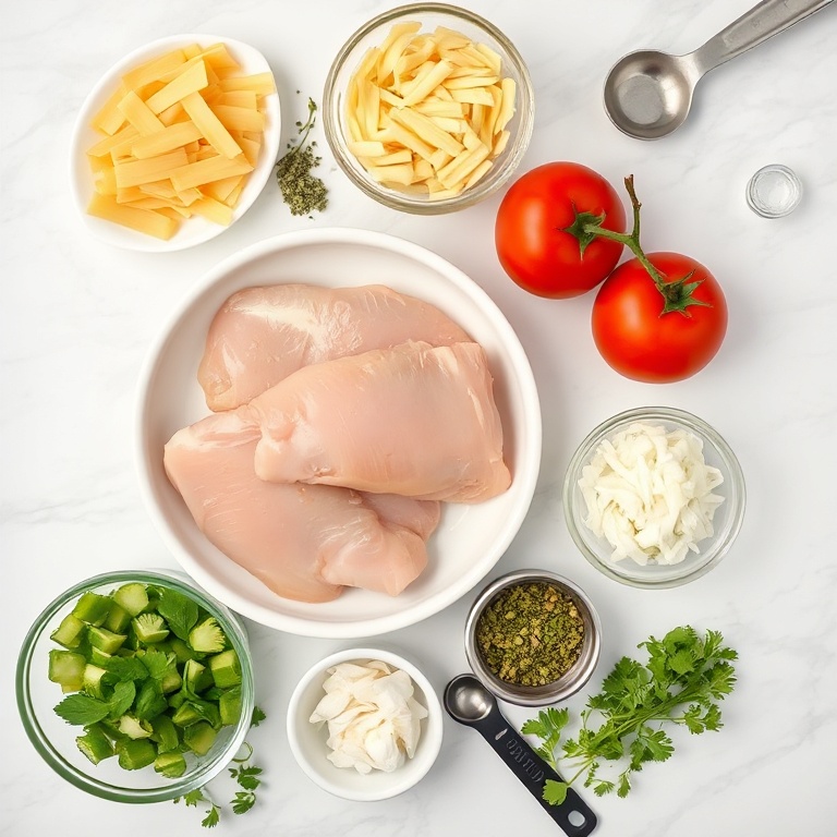 Overhead flat lay of Sopa De Fideo Chicken Soup ingredients. Fresh chicken breast, noodles, tomato, onion, garlic, and herbs. Prep bowls, measuring spoons, and cups visible. White marble surface. Bright even light. Photorealistic food photography.