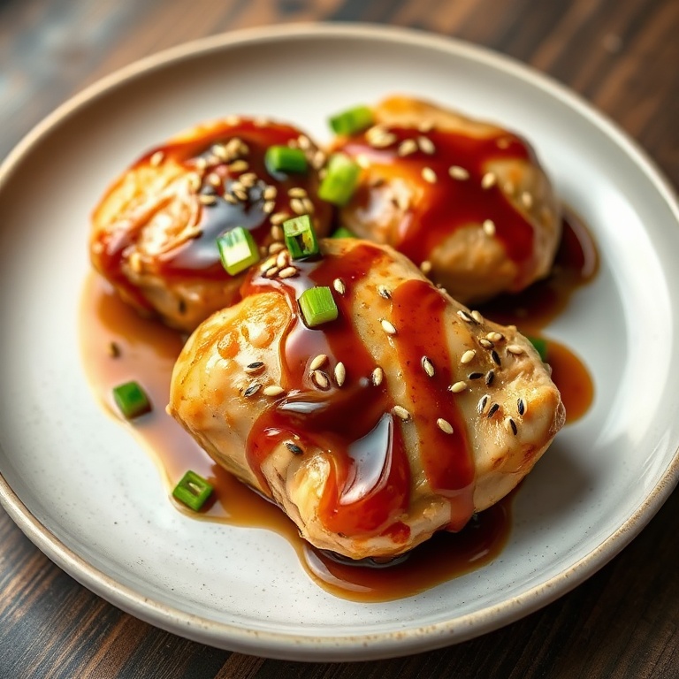 Perfect plated serving of chicken thighs with a drizzle of soy garlic glaze. Garnished with sesame seeds and scallions. Close-up of the plate with warm light. Photorealistic food photography style.
