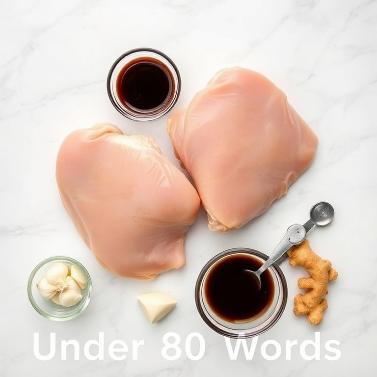 Overhead flat lay of chicken thighs, soy sauce, garlic, brown sugar, and ginger. Prep bowls and measuring spoons visible. White marble surface with bright even light. Photorealistic overhead food photography style.