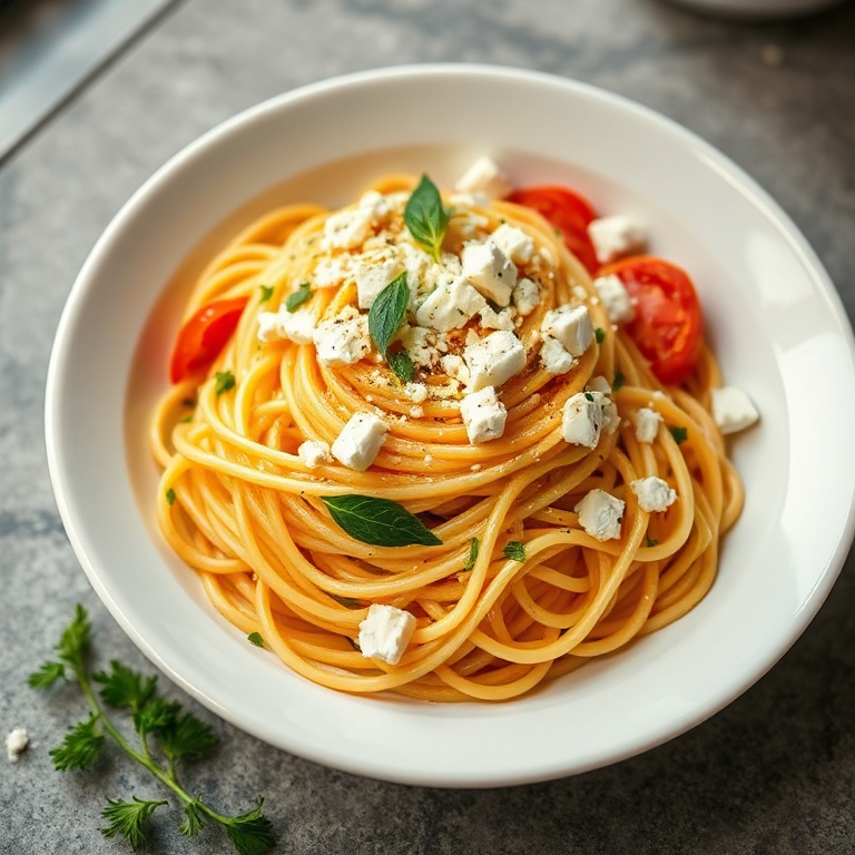 Spaghetti salad in a white bowl with feta and fresh herbs on top.