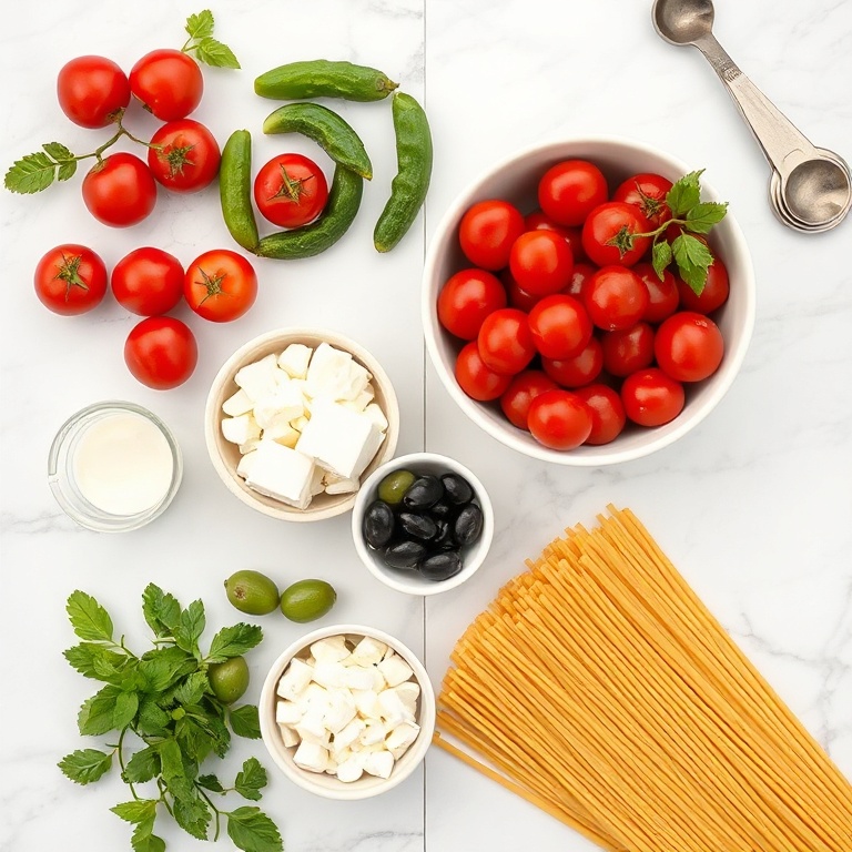 Fresh cherry tomatoes, cucumbers, olives, feta cheese, and spaghetti in a bowl.