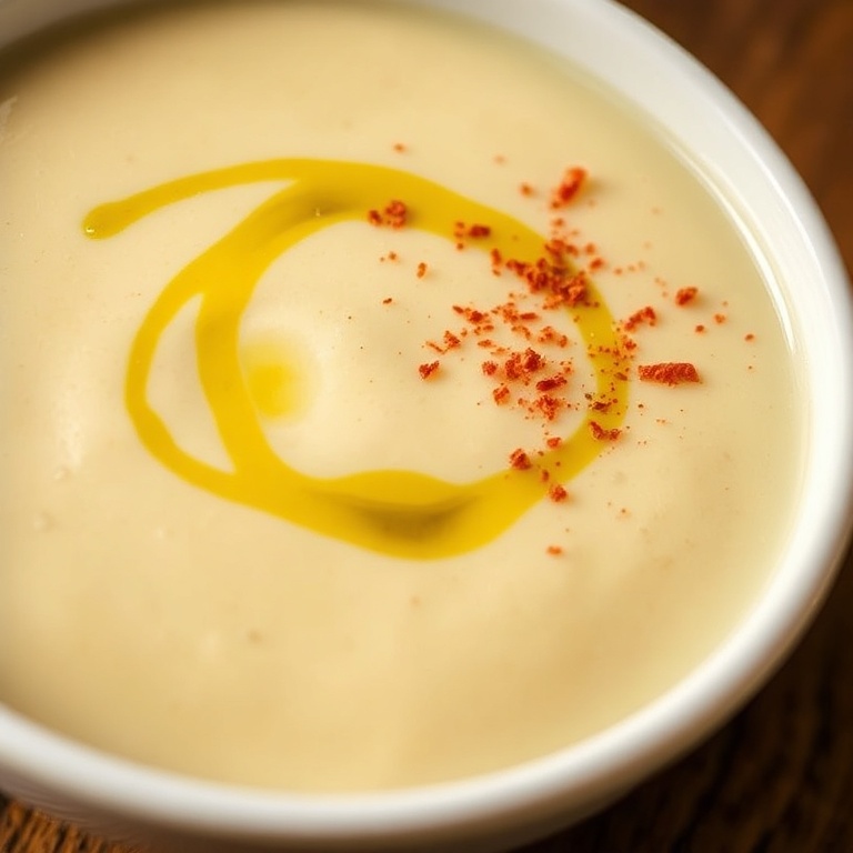 A bowl of Spanish Garlic Soup topped with a drizzle of olive oil and a sprinkle of smoked paprika. Close-up of the creamy texture. White ceramic bowl. Warm side lighting. No text. No watermark.