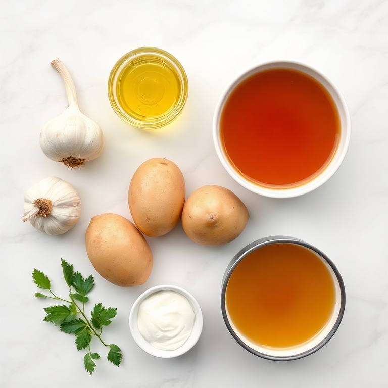 A flat lay of fresh garlic, olive oil, potatoes, vegetable broth, smoked paprika, and a small bowl of cream. White marble surface. Bright even light. No text. No watermark.