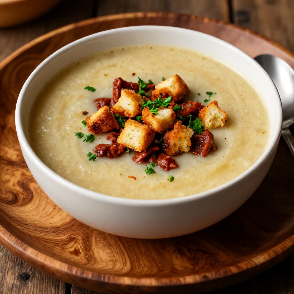 One perfect bowl of Spanish Potato Soup with Chorizo, topped with crispy paprika croutons and fresh parsley, on a rustic wooden plate.