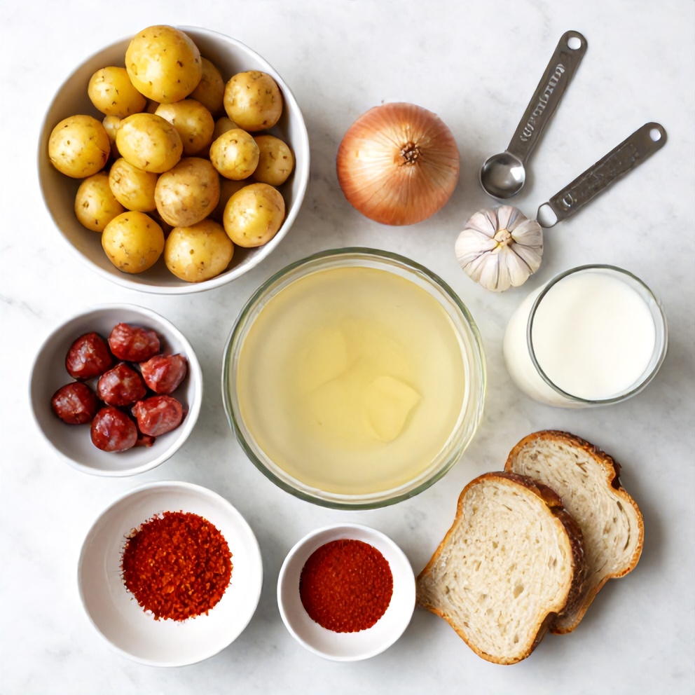 Overhead flat lay of potatoes, chorizo, garlic, paprika, and chicken broth, with prep bowls and measuring spoons visible on a white marble surface.
