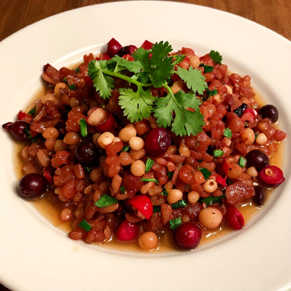 One perfect serving of Easy Spicy Cranberry Salsa on a white plate, garnished with fresh cilantro. Warm side lighting highlighting texture.