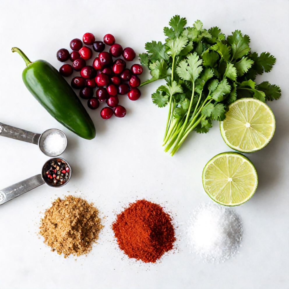 Overhead flat lay of raw ingredients for Easy Spicy Cranberry Salsa: cranberries, jalapeño, onion, cilantro, lime, and spices. White marble surface, bright even light.