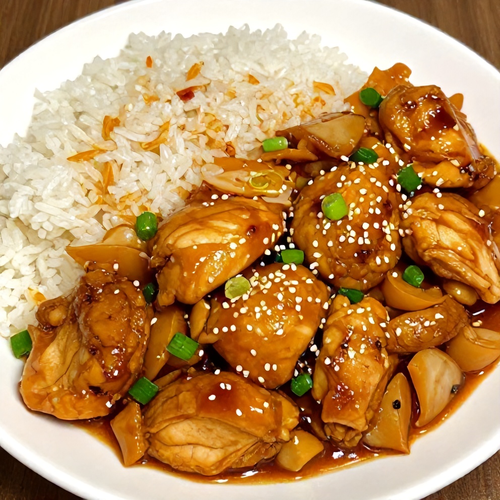 Plated honey garlic chicken stir fry with steamed rice