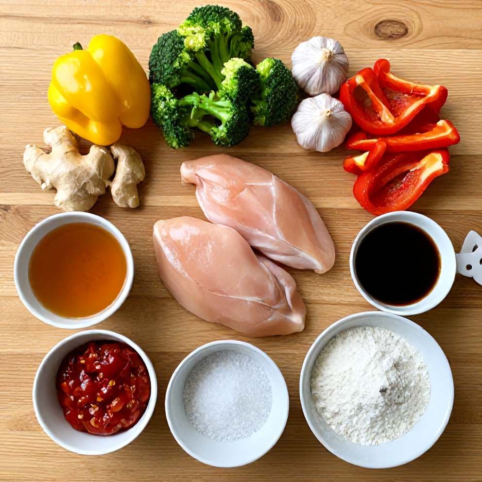 Raw ingredients for honey garlic chicken stir fry on a wooden surface