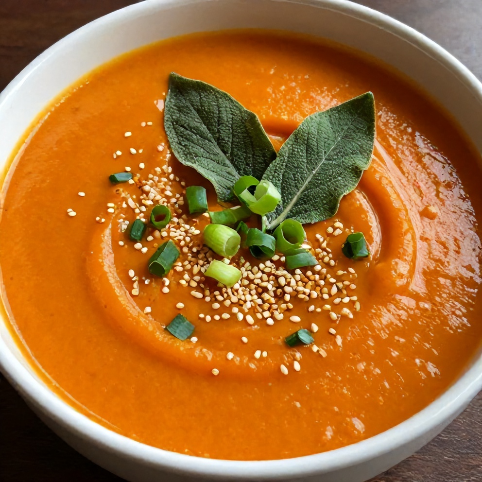 Bowl of Spicy Miso Carrot Soup with Crispy Sage