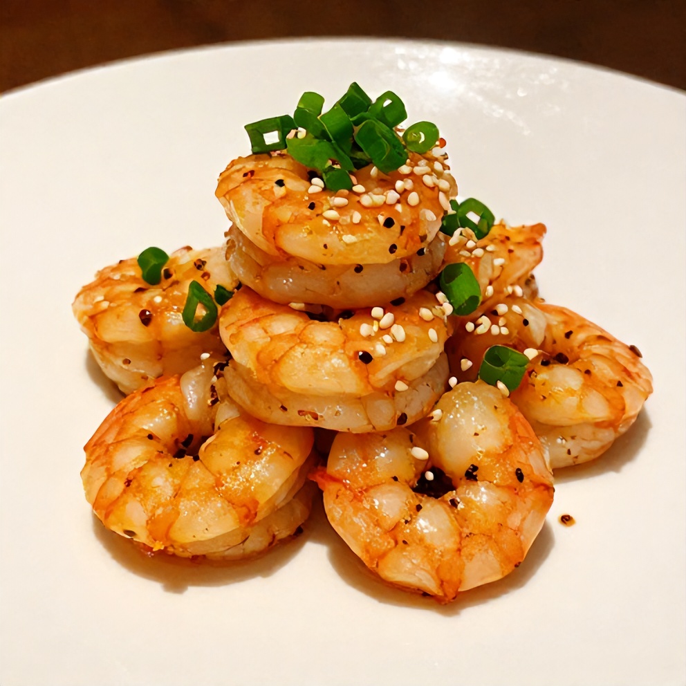 Plated Spicy Shrimp Sushi Stacks with green onions and sesame seeds