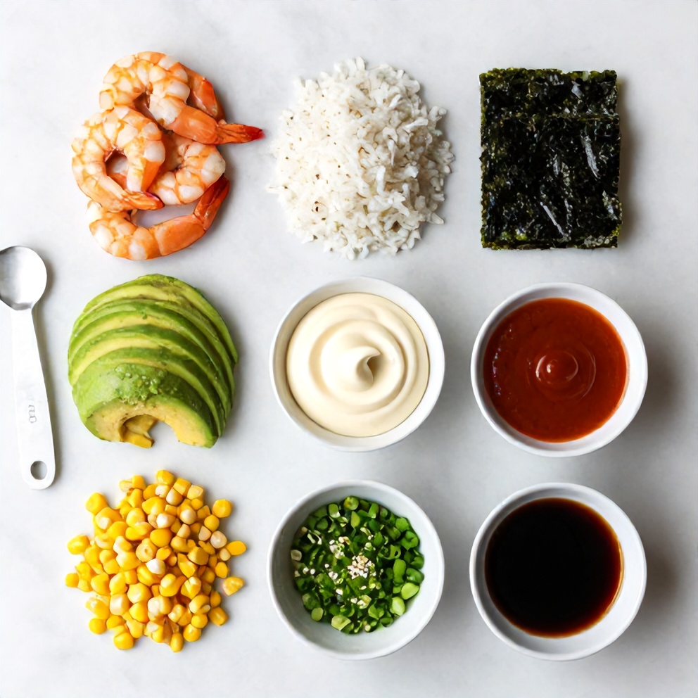 Raw ingredients for Spicy Shrimp Sushi Stacks on a white marble surface