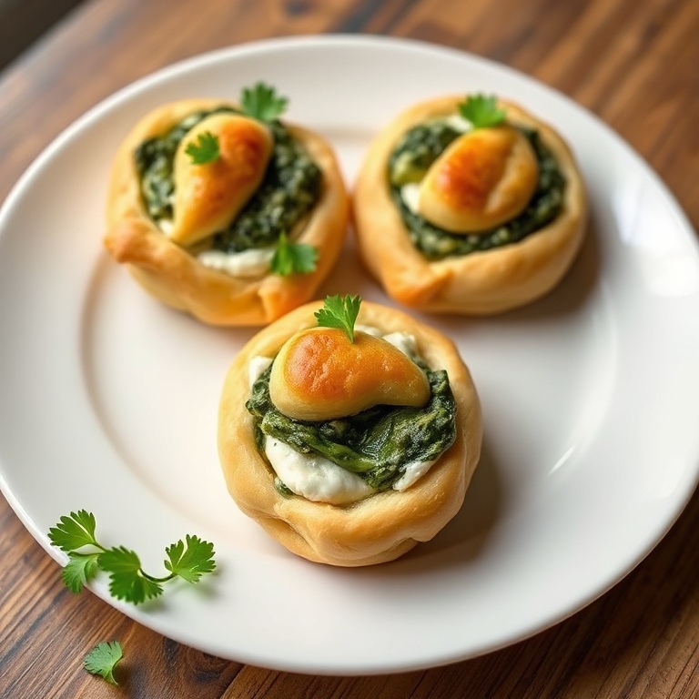 Perfectly plated spinach ricotta puff pastry snacks. Garnished with fresh parsley. White porcelain plate. Warm side lighting highlighting texture. Photorealistic food photography.