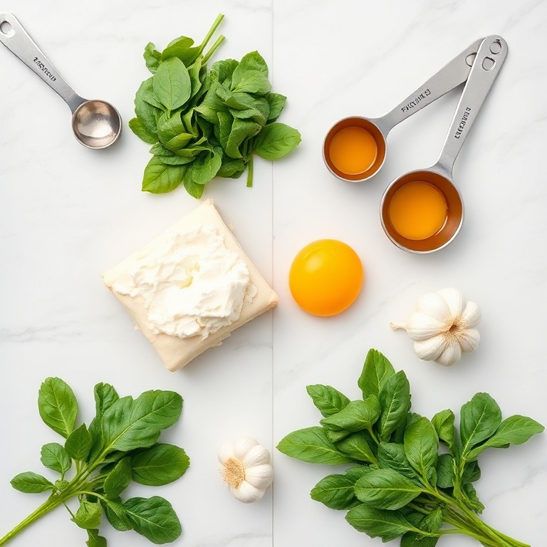 Overhead flat lay of spinach, ricotta, puff pastry, egg, and garlic. Measuring spoons and cups visible. White marble surface. Bright even light. Fresh ingredients in focus.