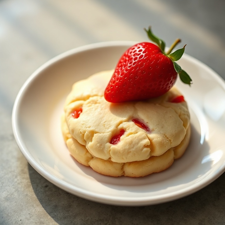 One perfect plated serving of strawberry chamomile shortbread cookies with a fresh strawberry on top. White ceramic plate. Warm side lighting highlighting texture. Photorealistic food photography.