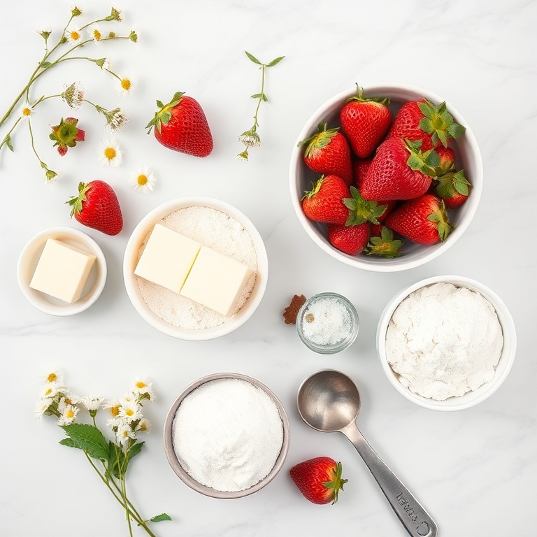 Overhead flat lay of fresh strawberries, chamomile flowers, butter, flour, sugar, and baking powder. Measuring spoons and cups visible. White marble surface. Bright even light. Photorealistic food photography.