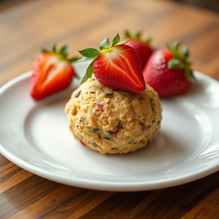 One protein ball on a white plate. Fresh strawberries on top. Close crop shows texture and color. Warm lighting enhances visual appeal.