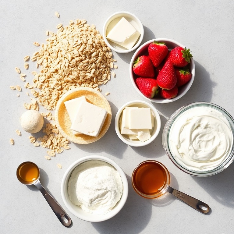 Raw ingredients for strawberry cheesecake protein balls arranged in flat lay. Rolled oats, cream cheese, strawberries, protein powder, and honey visible. Measuring spoons and bowls nearby. Bright natural light.