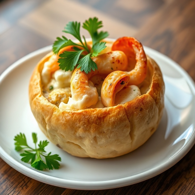 Perfectly plated seafood bread bowl with fresh parsley garnish. Creamy cheese and savory stuffing visible. Close crop showing texture. Warm side lighting.
