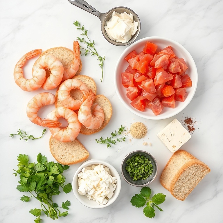 Shrimp, crab meat, bread, cheese, and herbs arranged in an overhead flat lay. Measuring spoons and bowls visible. White marble surface. Bright even light.