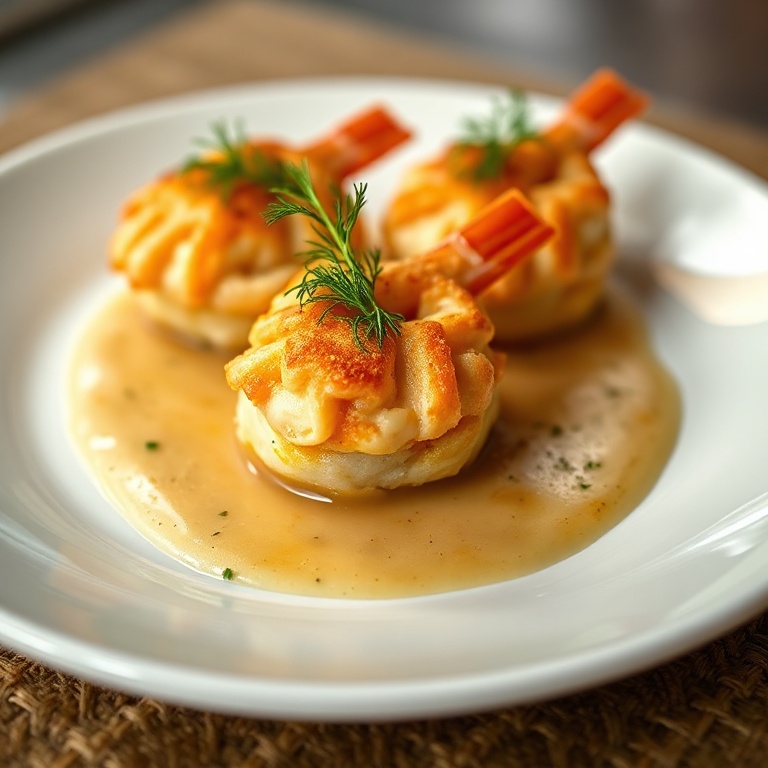 Stuffed shrimp plated on a white porcelain plate. Garnished with fresh dill. Warm side lighting highlights the golden crust and sauce. Close crop. Photorealistic food photography style.