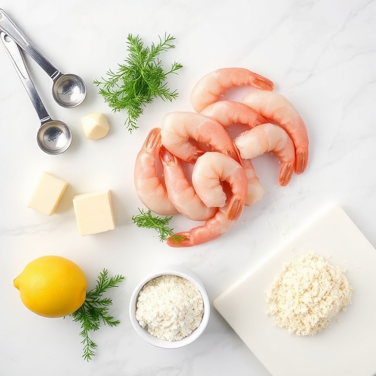 Raw shrimp, garlic, dill, butter, breadcrumbs, and lemon arranged in an overhead flat lay. Measuring spoons, a mixing bowl, and a cutting board visible. White marble surface. Bright even light.